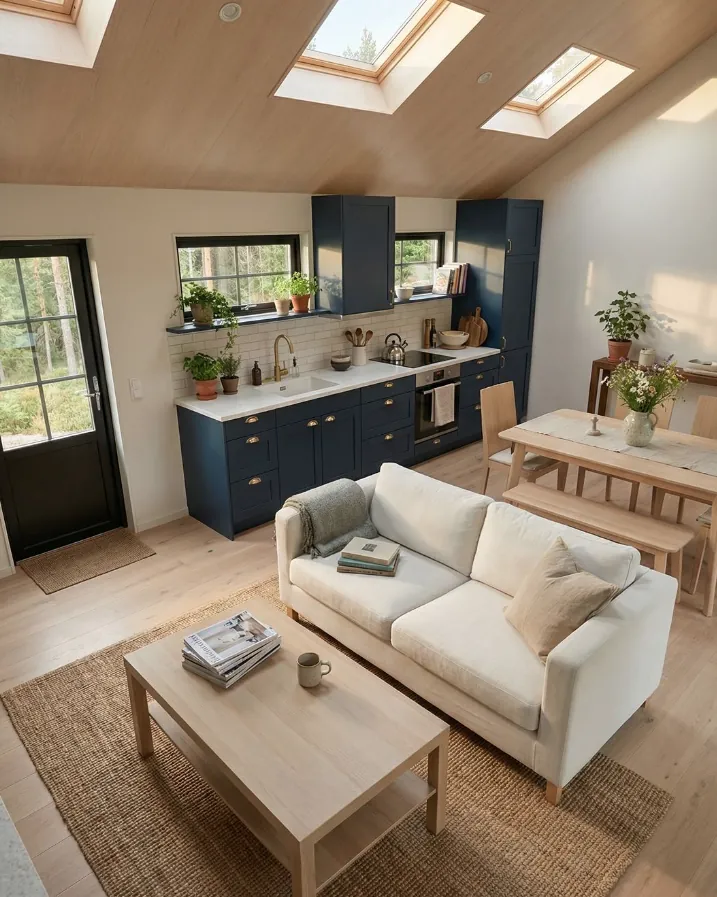 Open-plan ADU with navy kitchen cabinets, a cream sofa and skylights in a wood ceiling