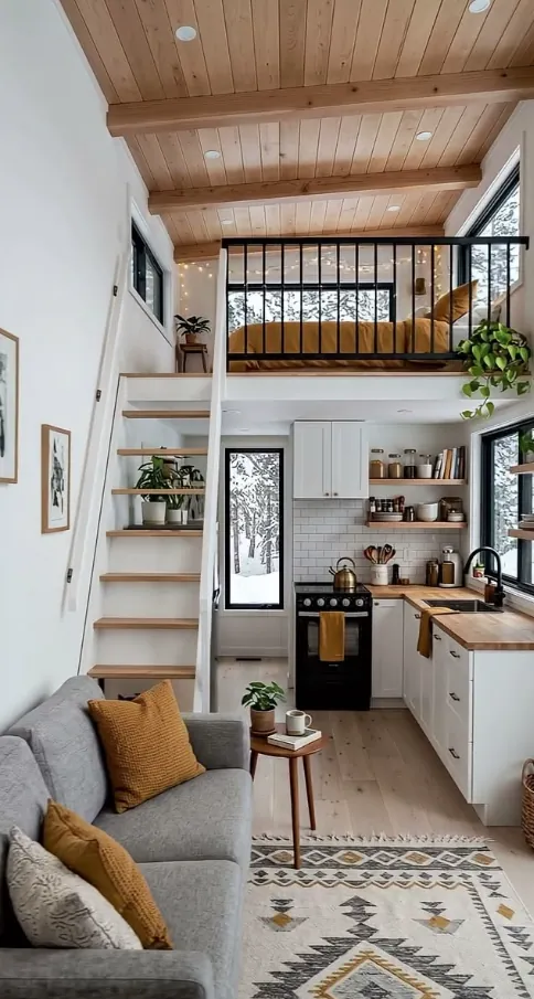 Small ADU living space with a wood ceiling, a loft over the kitchen and a patterned rug
